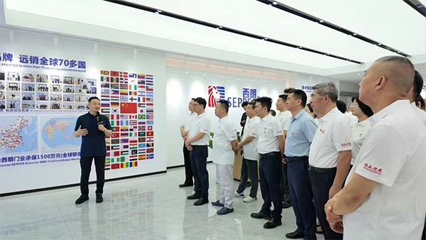 上图为：西朗门业党支部书记、董事长杨元嘉为来宾介绍公司发展情况